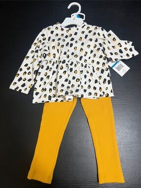 Kids Two-Piece Leopard Print Peplum Top & Mustard Ribbed Leggings Set